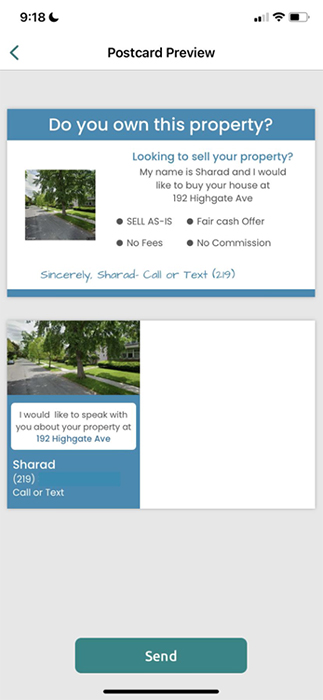 Send postcard with property image from within the resimpli app