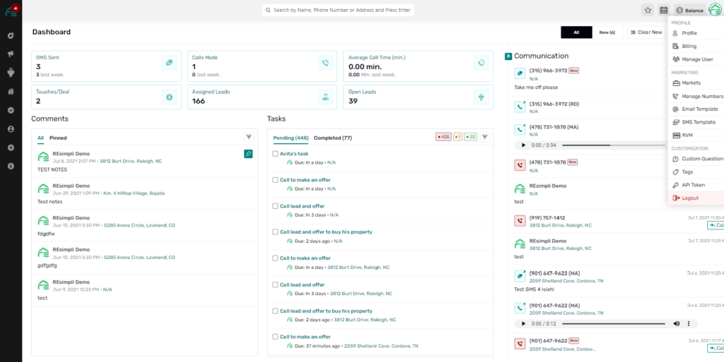 dropdown menu selecting API from dashboard