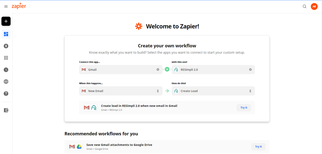 welcome to zapier. create your own workflow. connect gmail with resimpli 2.0