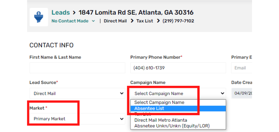 red box around market field option with primary market selected. And red box around select campaign name drop down with the absentee list being highlighted. 