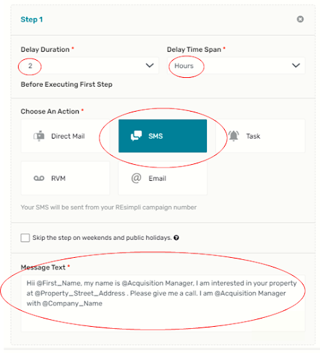 red circles around delay duration, hours, sms button, and message text box