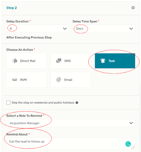 red circle around delay duration, delay time span, task button, select a role to remind, and remind about