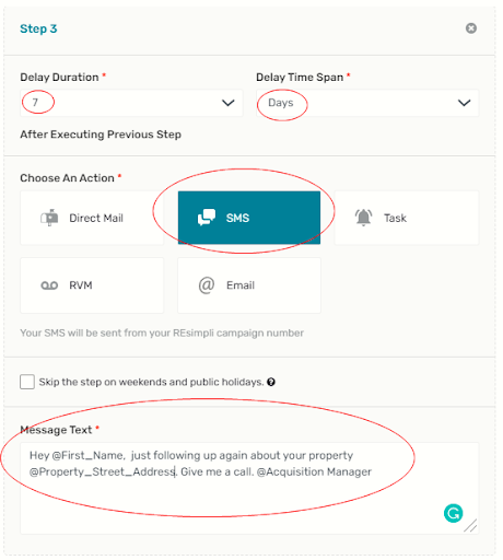 red circles around delay duration, delay time span, sms button, and message text box