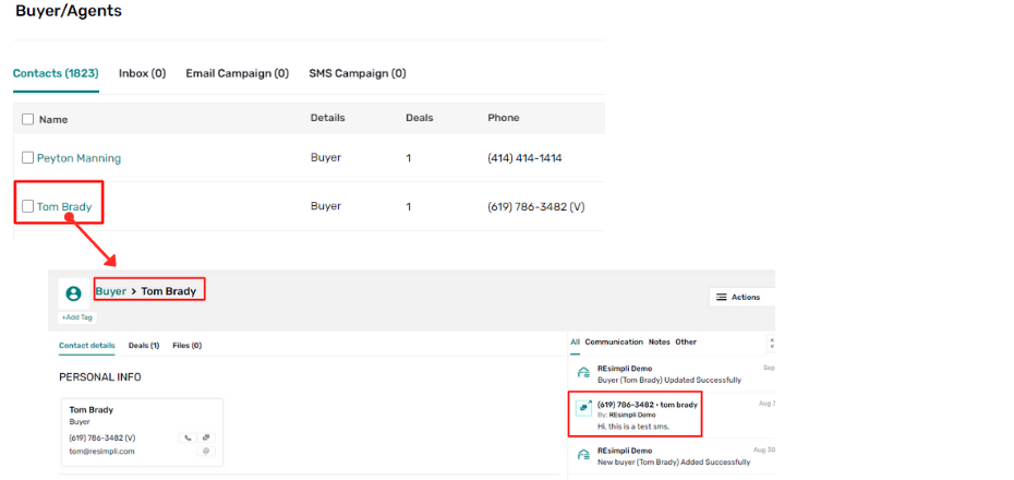 red box customer sample tom brady in contacts list. Another red box around customer name in the buyer personal information section as well as a red box on the sms communication section.