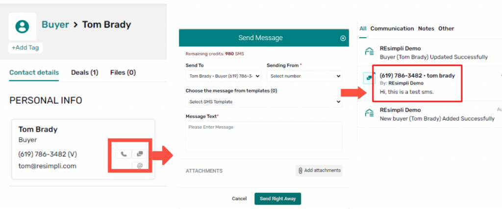 red box around phone and sms icon with an arrow pointing to the send message window. red arrow pointing to red box around message to customer