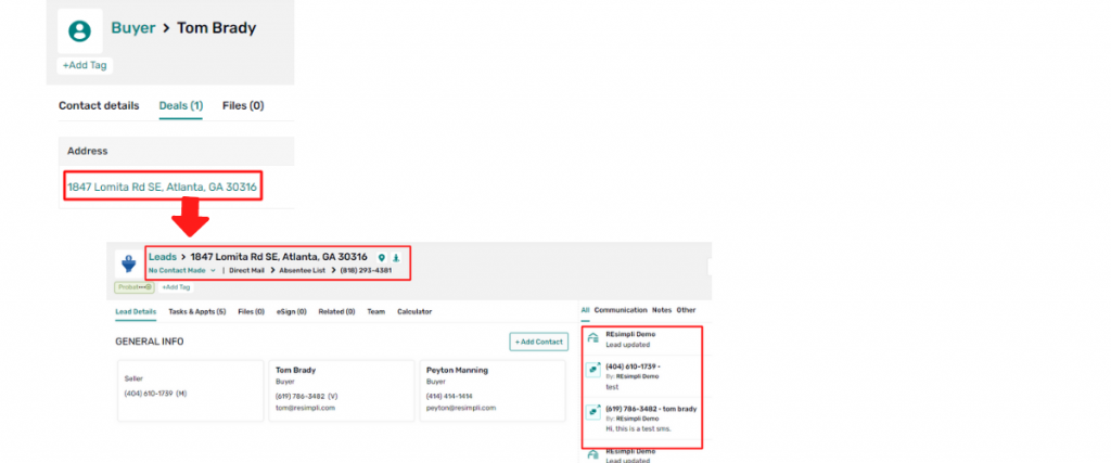 red box of clickable customer address with arrow pointing to another red box with more address details in the leads section with another red box around communication section