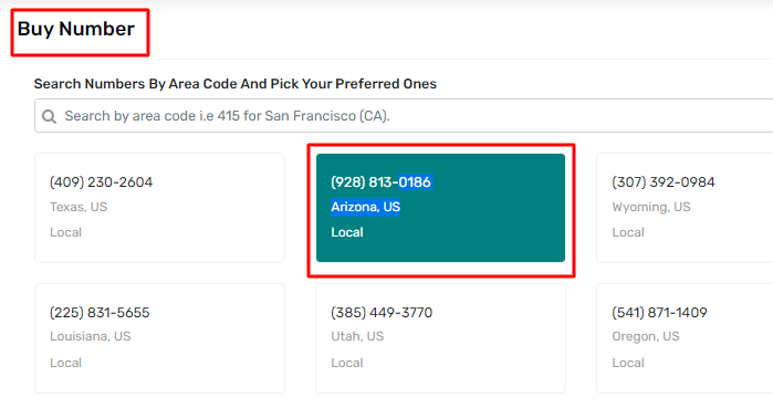 red box around buy number section and another red box around searched contact number