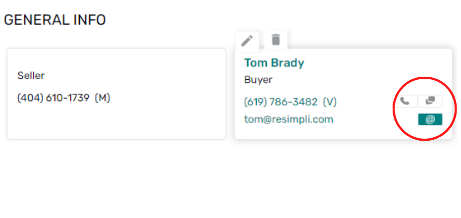 red circle around call and sms buttons for a buyer in the general information section