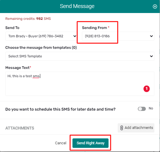 red box around sending from field and another red box around the rend right away button in the send message window