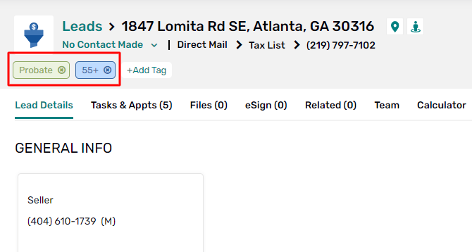 tags added to lead