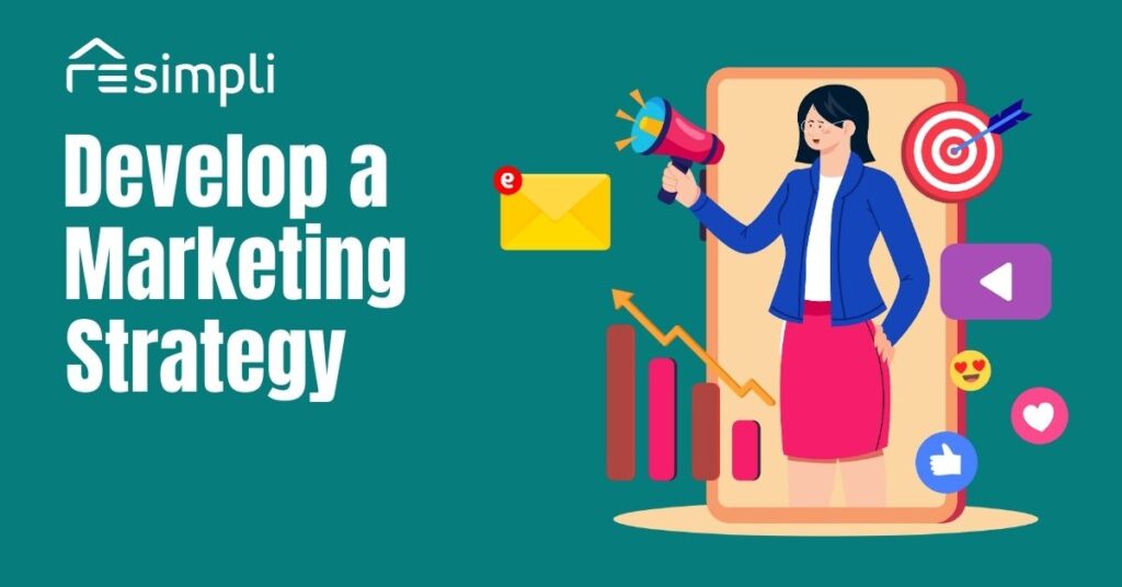person holding a megaphone surrounded by floating social media icons, charts, email, and targets as well as floating text saying develop a marketing strategy